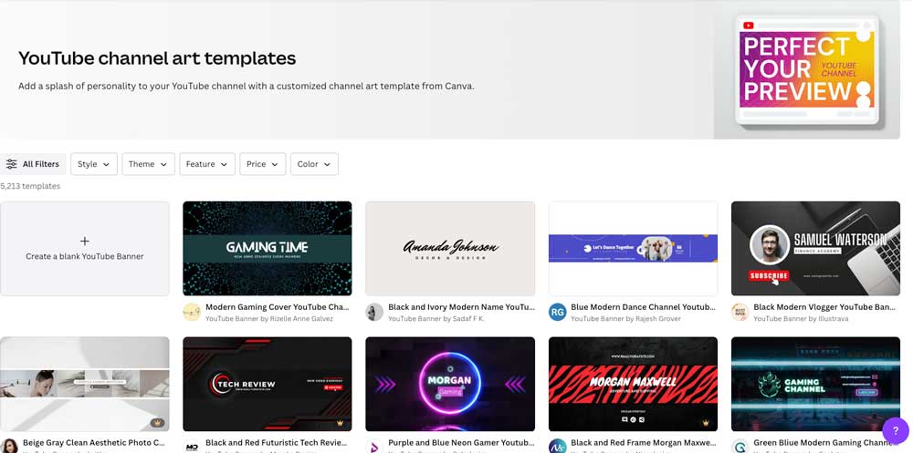 screenshot of the Canva website showing examples of YouTube channel art banners