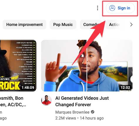 screenshot showing a section of the youtube website with an arrow pointing to the sign in button for your youtube channel in the top left