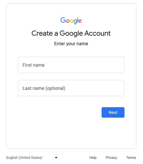 google account creation screen for when creating a youtube channel