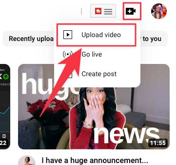 screenshot of a YouTube menu with an arrow pointing to 'Upload Video' now showing where to click to upload a video to your youtube channel